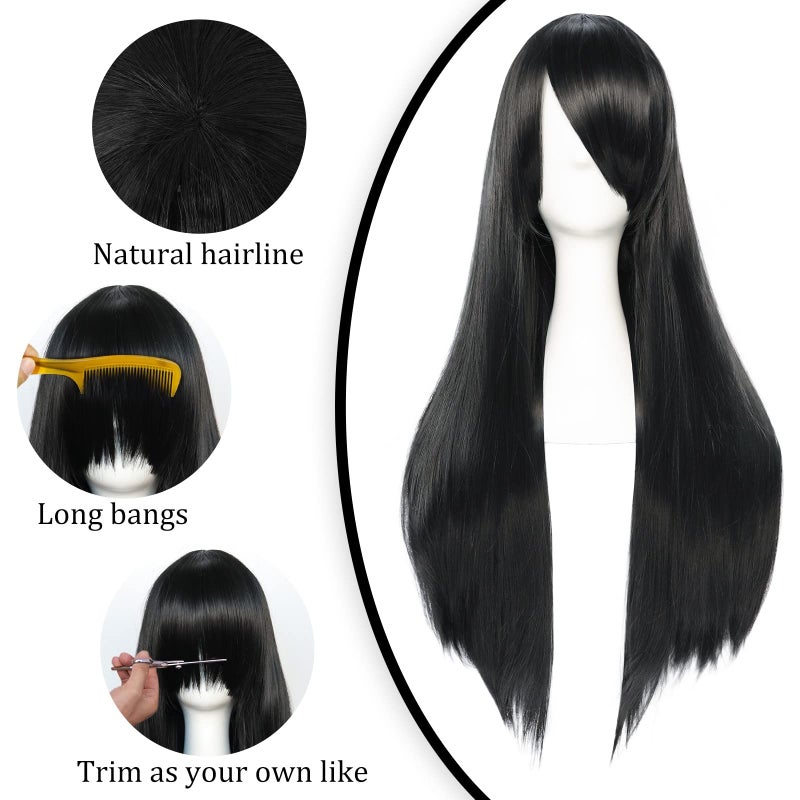 Anogol Hair Cap+32Inch/80cm Black Wig Long Straight Wig Cosplay Wig Synthetic Wig Long Black Wig with Bangs Peluca Negra Cosplay Wig for Halloween Wig With Bangs Anime Wig for Women Costume Party - Image 3